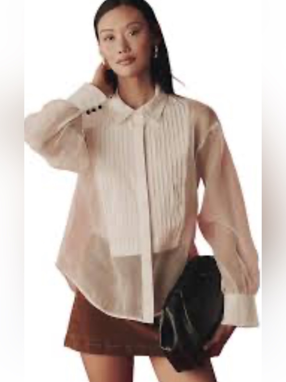 NWT retail$128 sizeS#Anthropologie White sheer cuffed organza button down top.